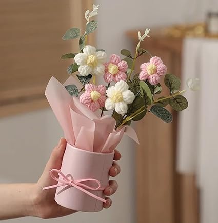 Artificial Crochet Pink Daisy Flower Bouquet | Handmade Decorative Flowers | Maintenance-Free Home Décor | Gift for Any Occasion